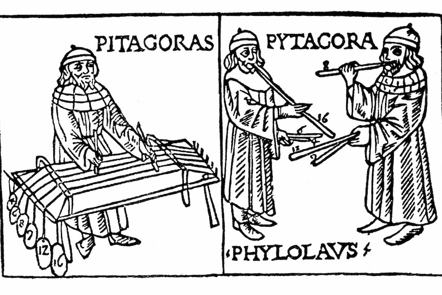 A woodcut engraving of Pythagoras's theory on musical harmony, illustrated with numbered strings and various-sized pipes.