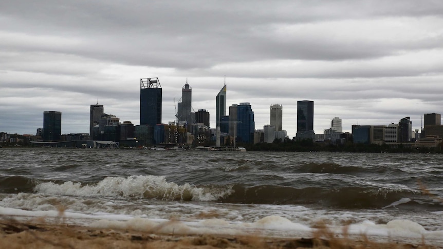 Storm clouds over Perth's CBD and the Swan River, viewed from the South Perth foreshore.