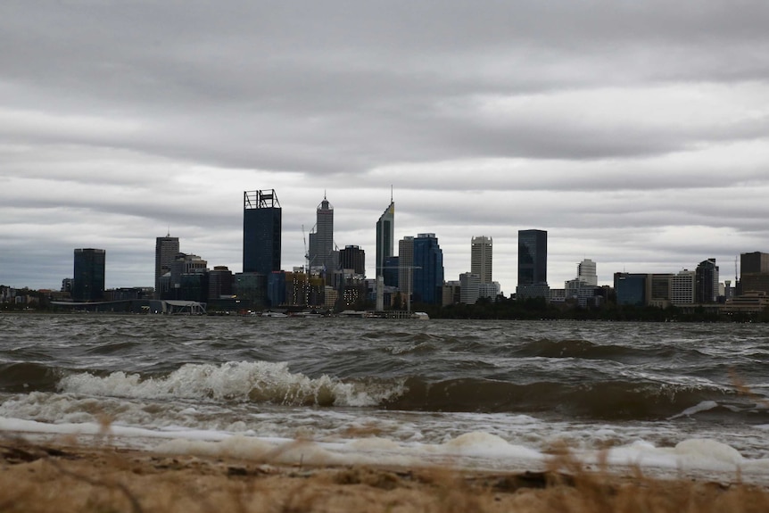 Storm clouds over Perth's CBD and the Swan River, viewed from the South Perth foreshore.