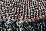 Soldiers of China's People's Liberation Army get ready for the military parade.