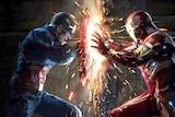 Captain America uses his shield to stop a blast from Iron Man.