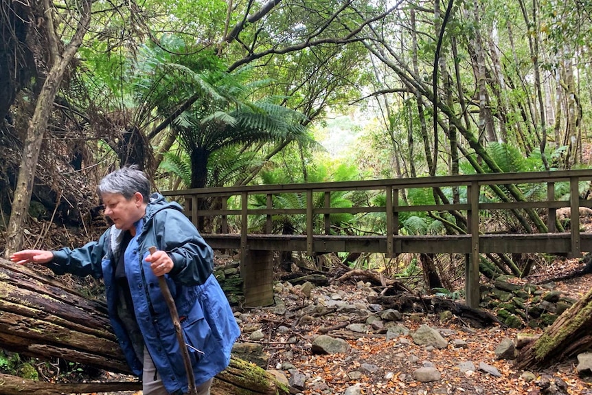 Theresa Sainty walks near a bridge.