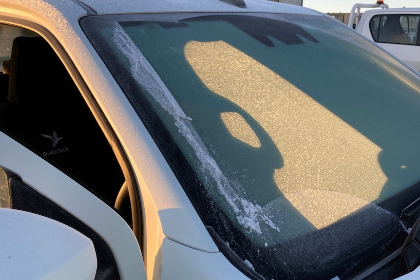 Frost on windscreen of car at Wellcamp airport 