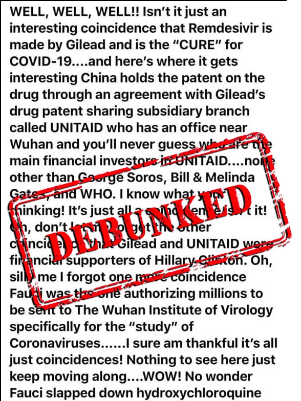 A Facebook post with various conspiracy theories around remdesivir with a large debunked stamp overlayed