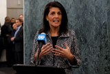 Nikki Haley makes a statement upon her arrival at the UN.