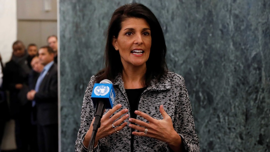 Nikki Haley makes a statement upon her arrival at the UN.