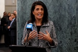 Nikki Haley makes a statement upon her arrival at the UN.
