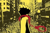 You see an illustrated graphic of a hand with a handcuff superimposed over a crowd of Hongkongers protesting in a narrow street.
