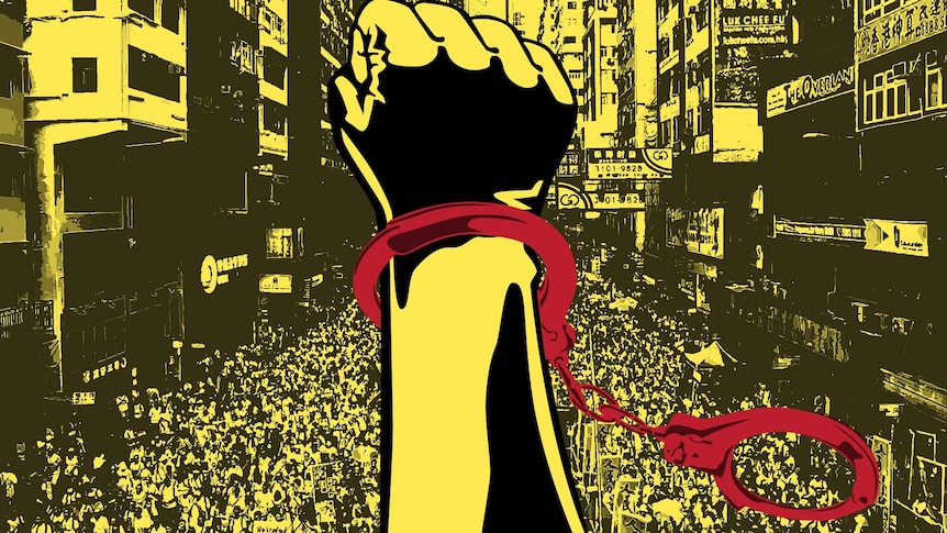 You see an illustrated graphic of a hand with a handcuff superimposed over a crowd of Hongkongers protesting in a narrow street.