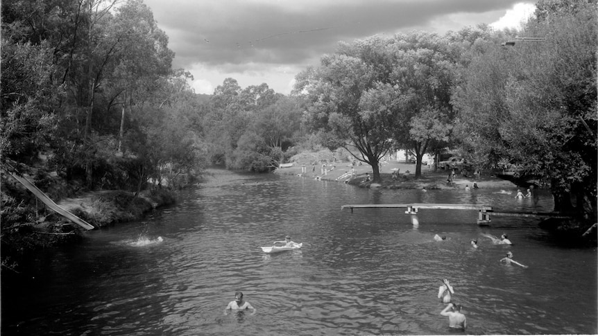 A black and white image of people swimming in the Ovens river near Bright