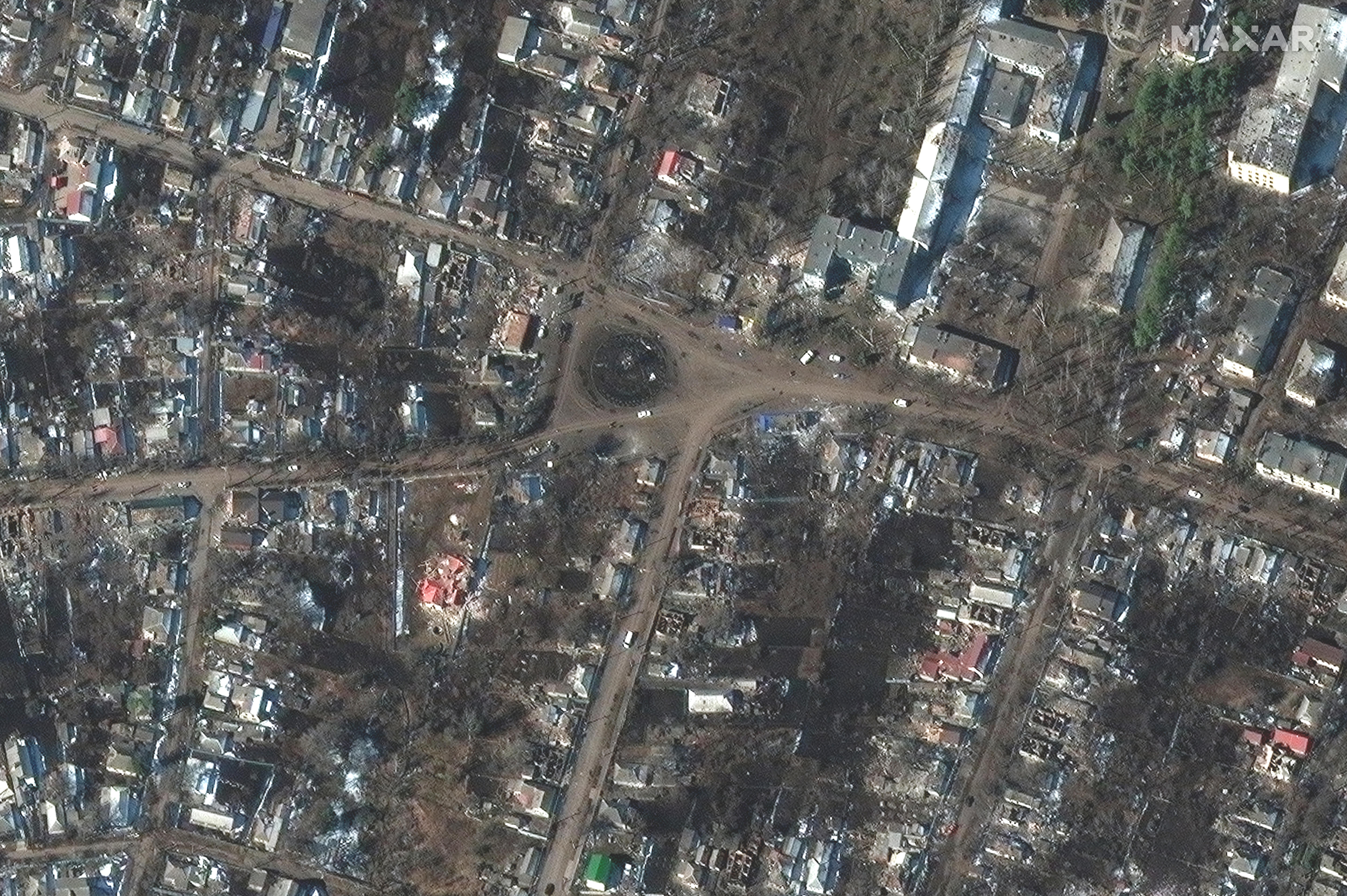 Aerial image of residential area destoryed by airstirkes