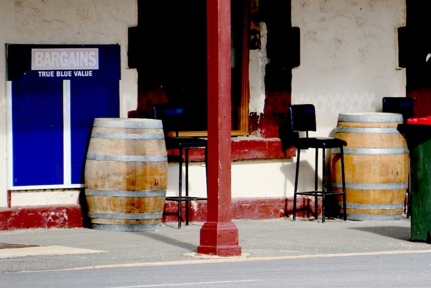 Barrels outside the Snowtown Hotel.