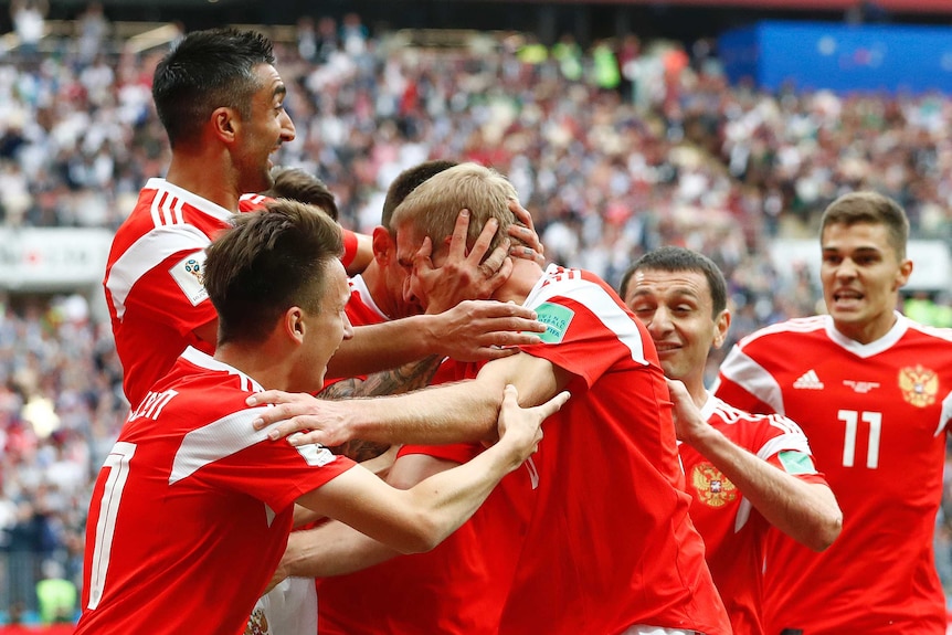 Russia celebrates opening goal of the World Cup