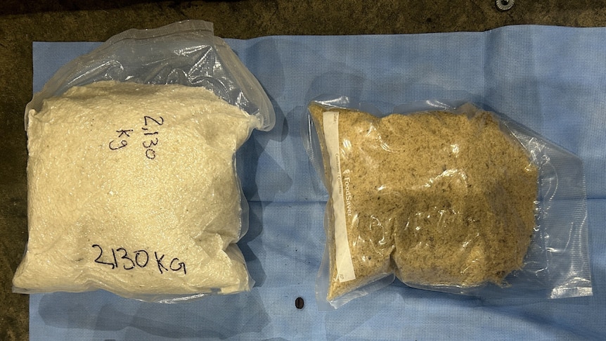 Three clear bags of sand-coloured powder, with an ACT Policing logo in the bottom right.