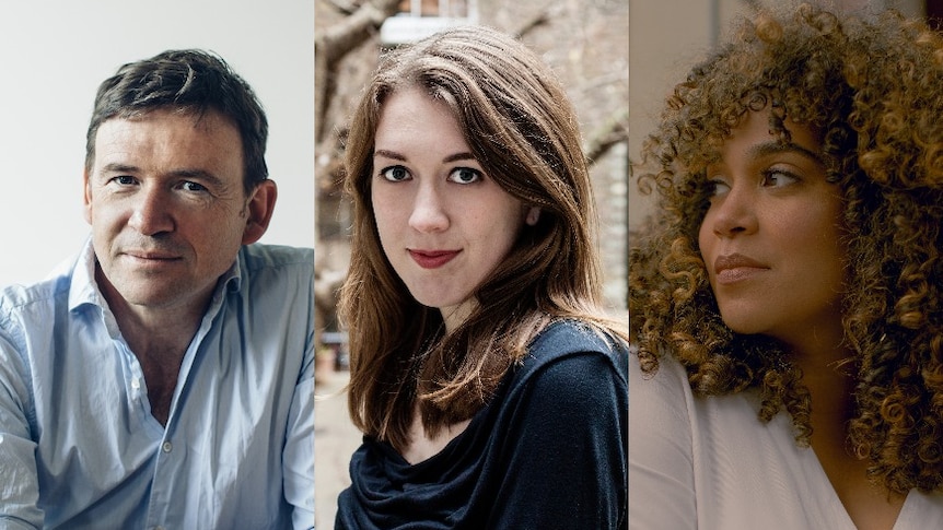 Three author head shots including David Nicholls, Samantha Shannon and Elizabeth Acevedo