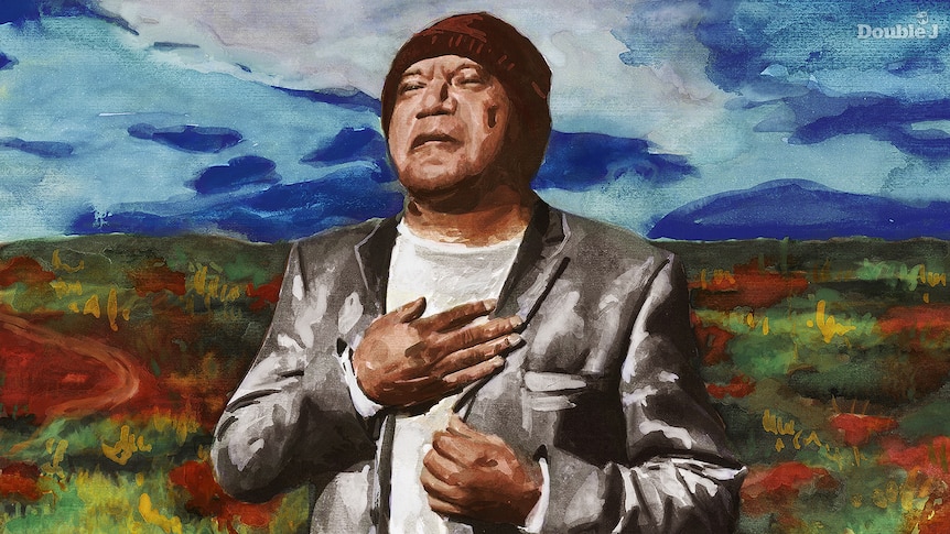 An illustration of Archie Roach against a blue sky and green grass holding a hand to his heart