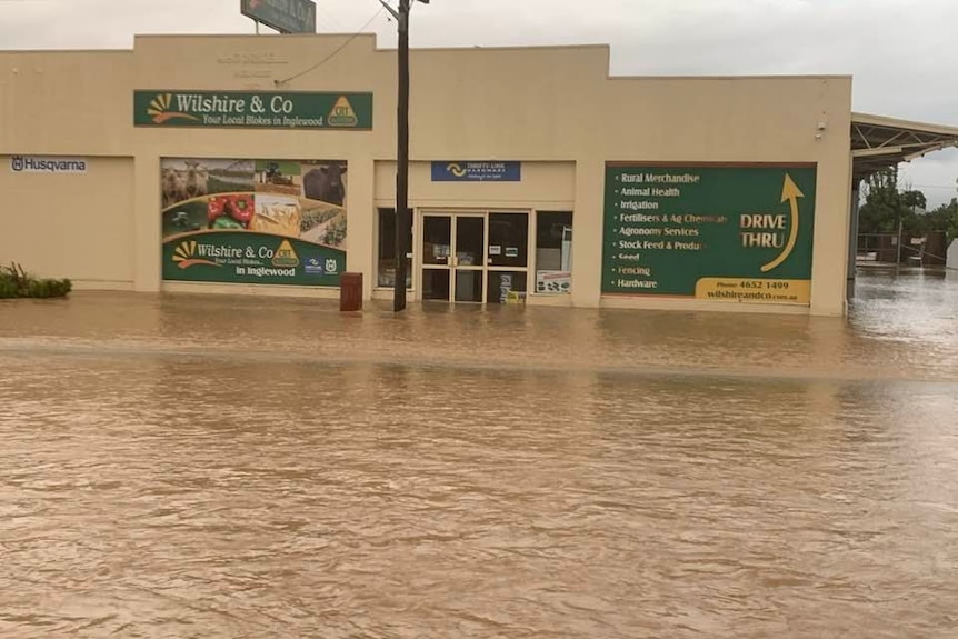 A business surrounded with floodwater.