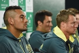 Nick Kyrgios, Lleyton Hewitt and Bernard Tomic at an Australian Davis Cup media conference.