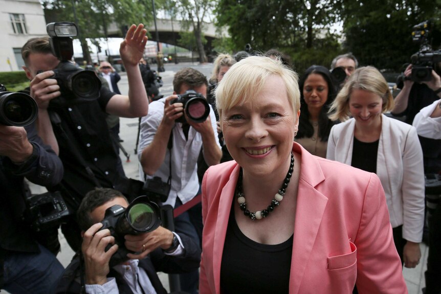 Angela Eagle arrives at a news conference in London.