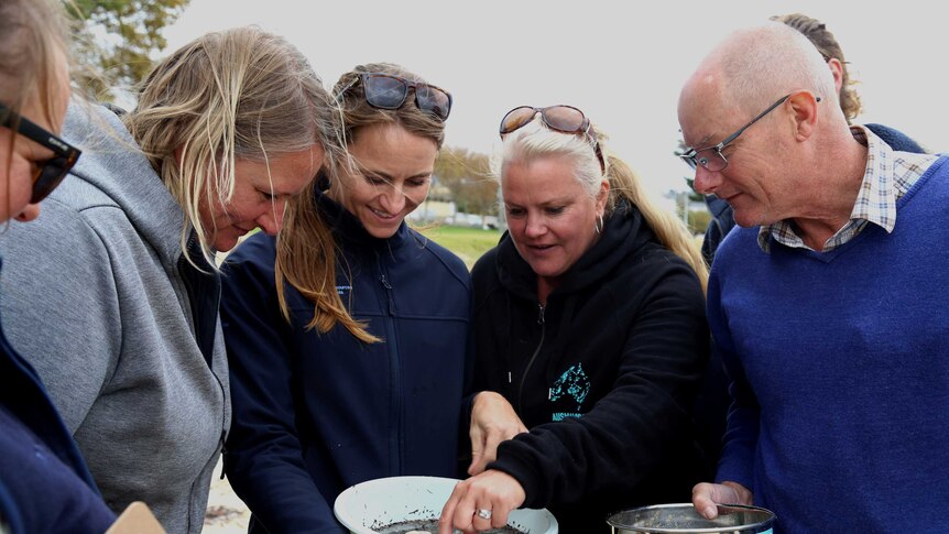 A blonde woman shows a group of onlookers how to spot microplastics