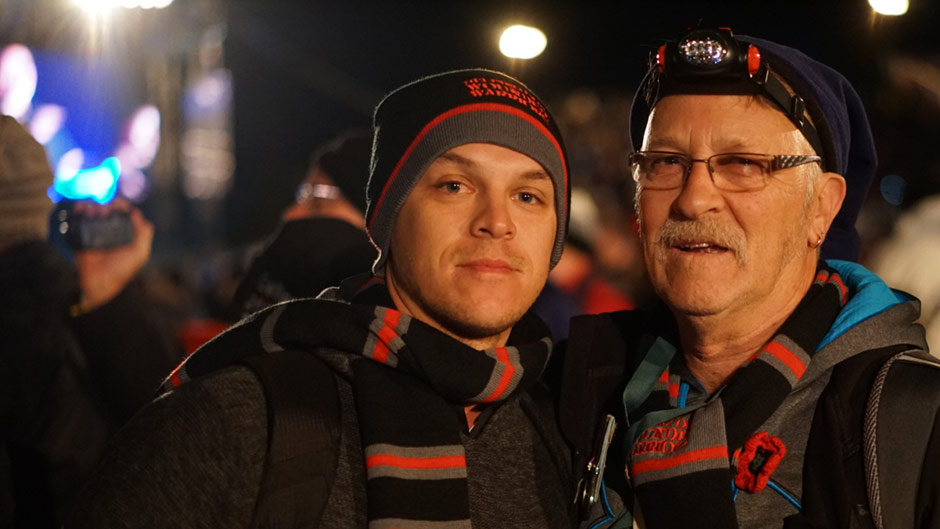Jarrad Irvine and his father Phil at the dawn service in Gallipoli. Jarrad served in Afghanistan and is now fighting PTSD.