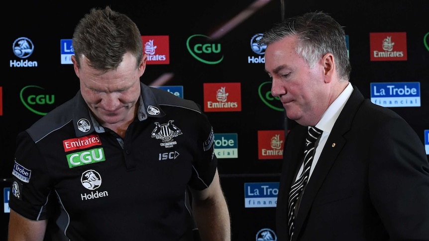 Nathan Buckley (L) and Eddie McGuire have different opinions about the AFL finals scheduling.