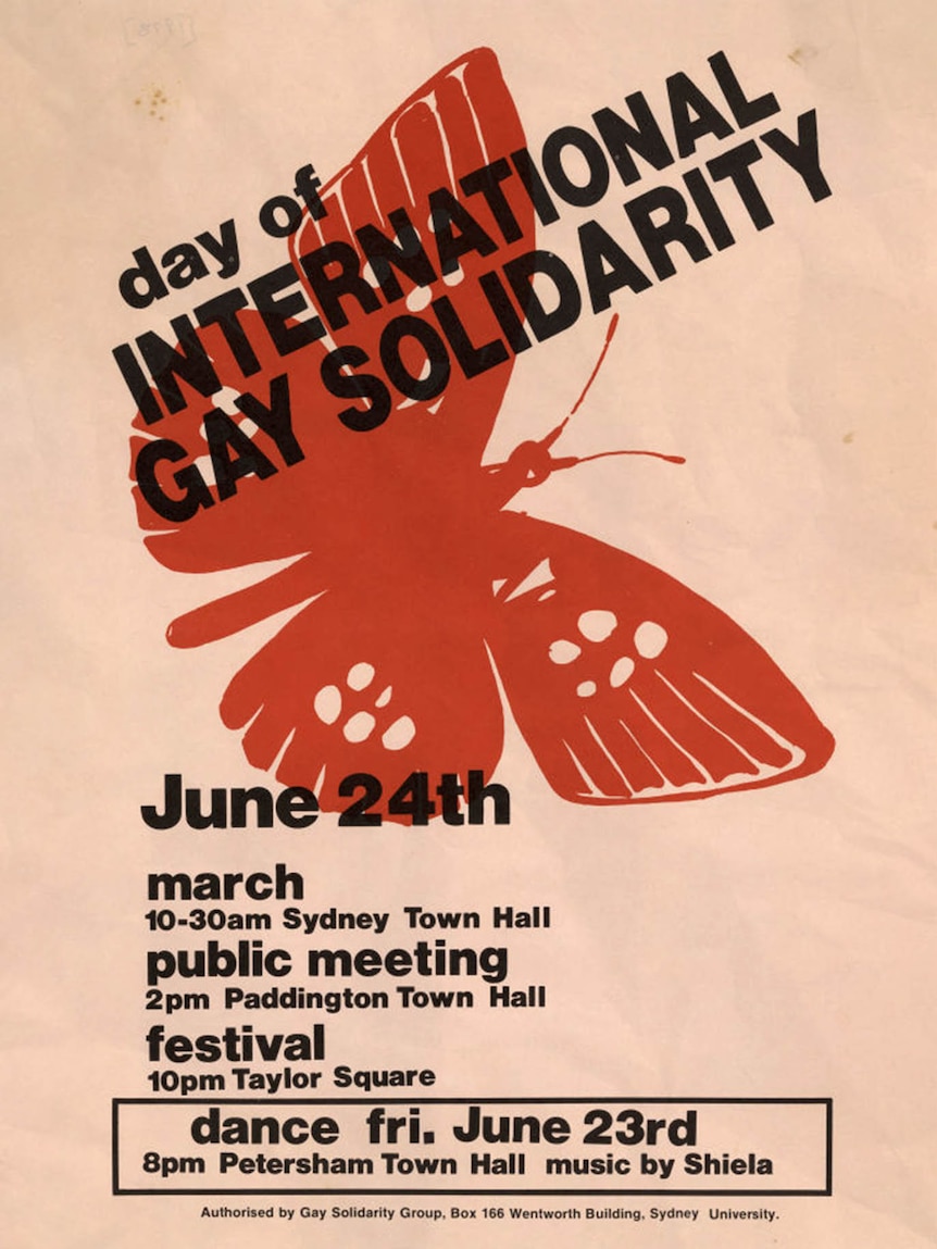 A poster advertising "day of international gay solidarity", pink with a red butterfly design, dates and times
