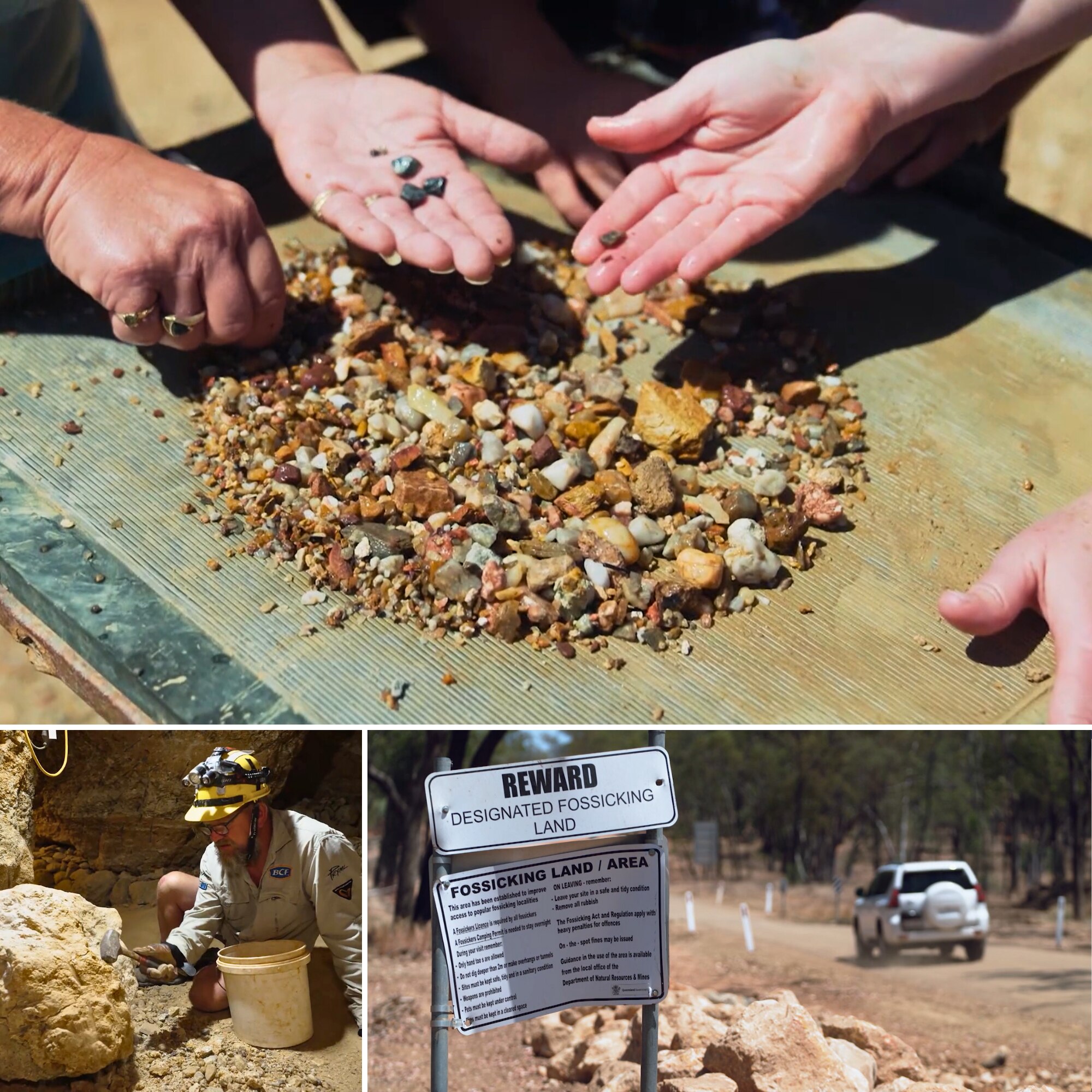 Colourful rocks being sifted through by someone out of view. A road sign says "Reward. Designated Fossicking Area".