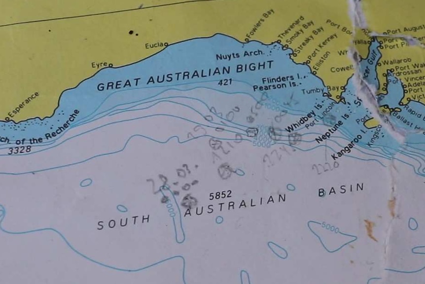 A map of the Great Australian Bight with pencil drawings