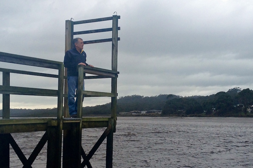 Jon Poke, from Oysters Tasmania, looks over his leases at Smithton.