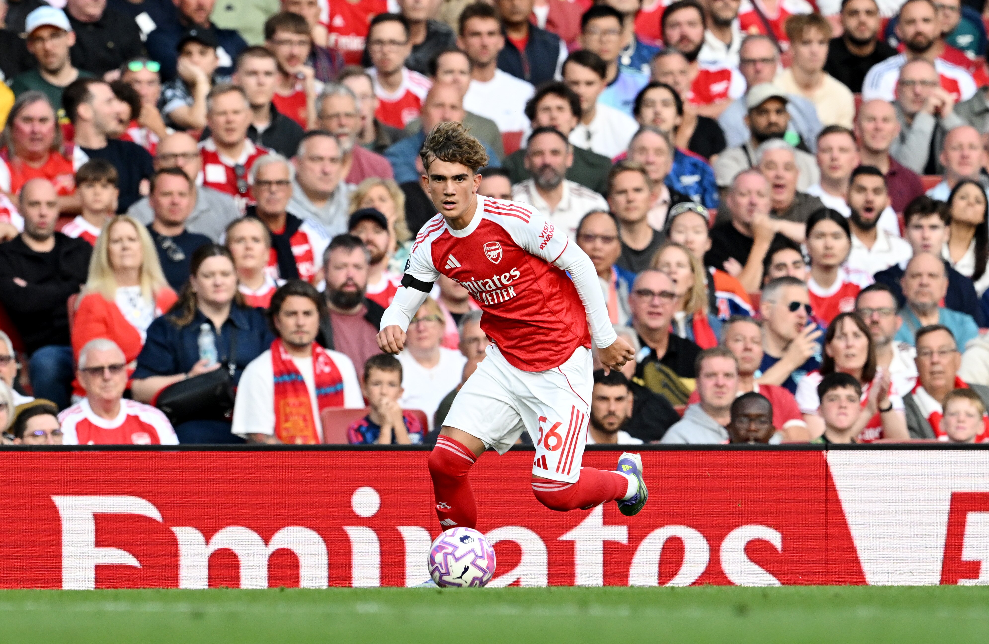 Max Dowman on the ball for Arsenal