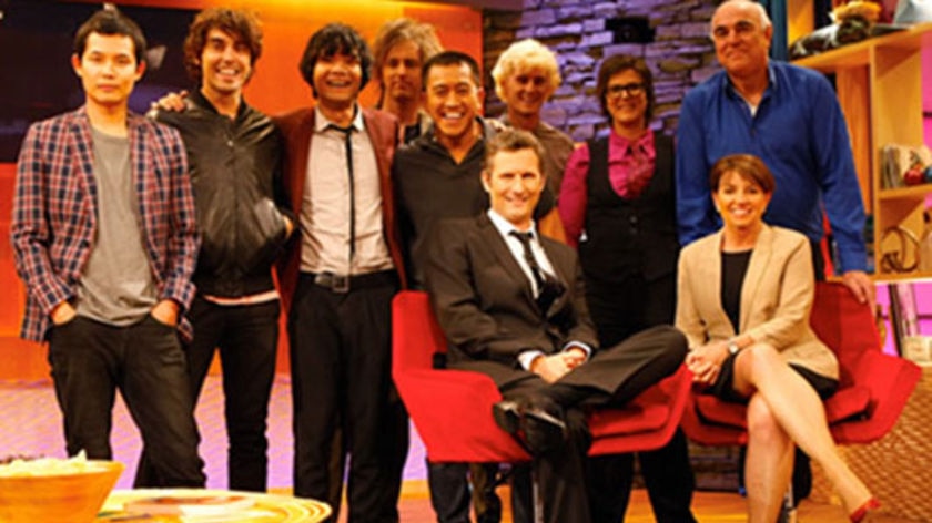 Qld Premier Anna Bligh with ABC talk show host Adam Hills (both seated).
