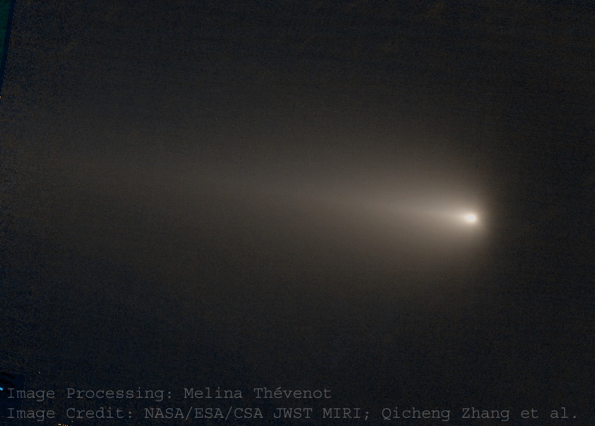 White comet with a flaring tail moving across a black background.