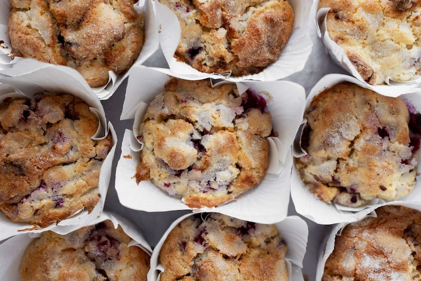 Nine freshly baked muffins are lined up on a table, topped with sugar and containing raspberries and white chocolate.