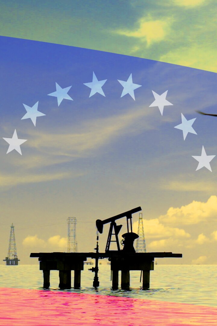 Silhouette of an offshore oil platform at sea beneath a ring of stars resembling the European Union flag.