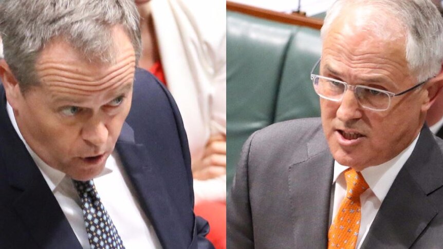 Bill Shorten and Malcolm Turnbull side by side pointing fingers.