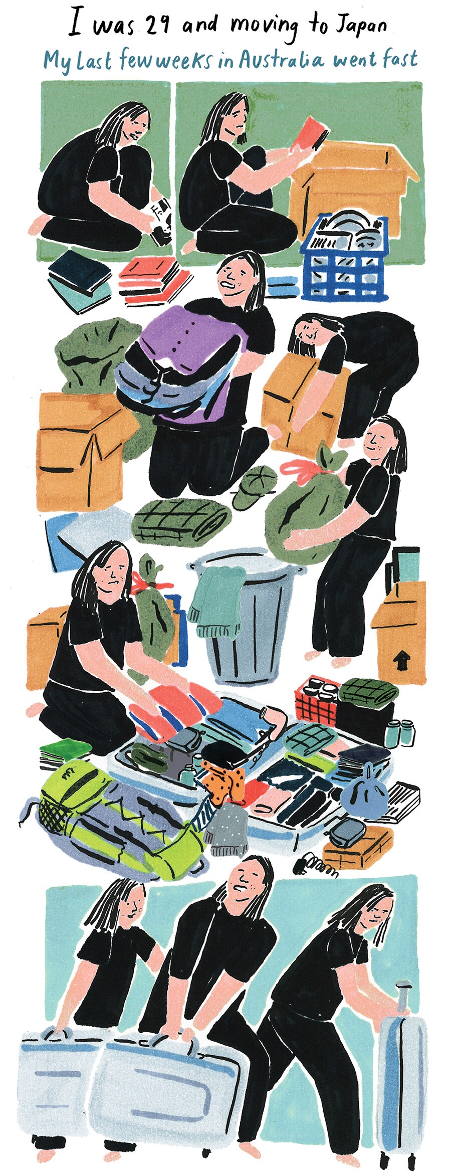 "I was 29 and moving to Japan. My last few weeks in Australia went fast." Illustration shows Grace packing and decluttering.