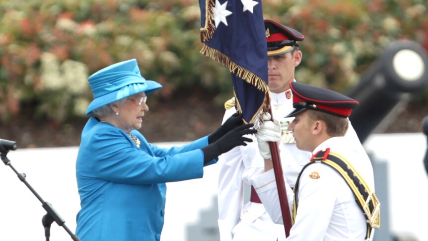 Queen Elizabeth presents new colours to the Royal Military College Duntroon in Canberra, Saturday, October 22, 2011.