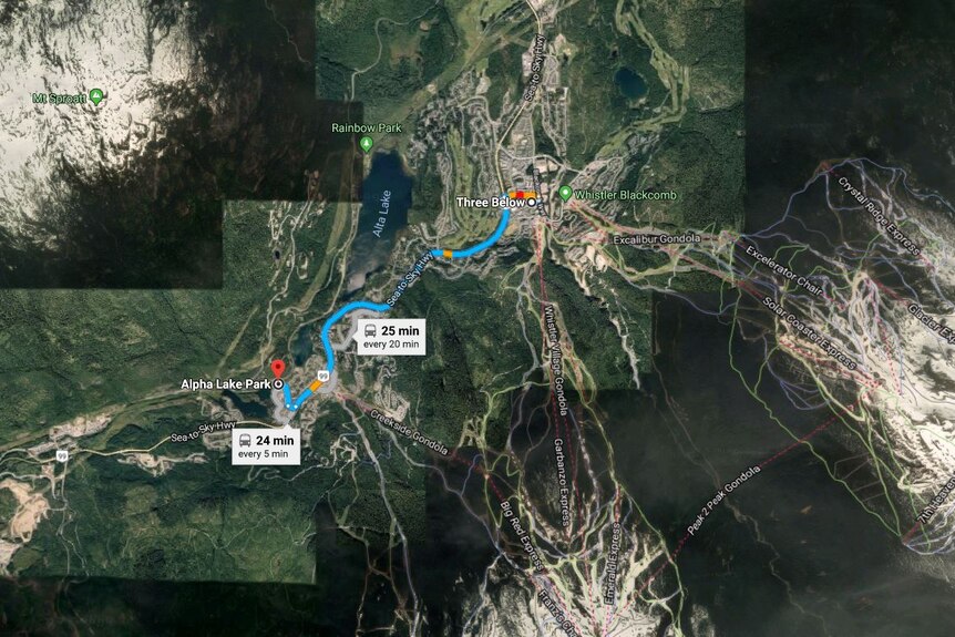 Map of Whistler showing the distance between Three Below Bar and Alpha Lake, where missing woman Alison Raspa's phone was found.