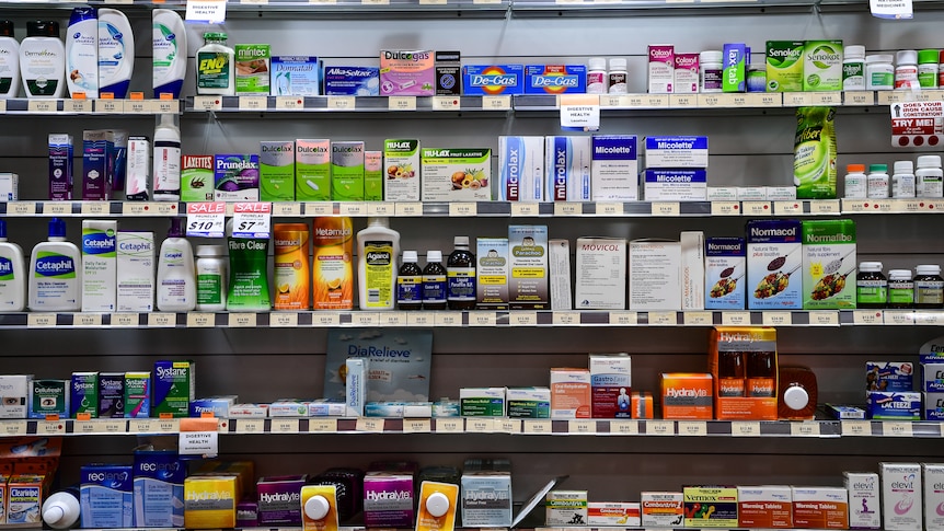 Medications on a shelf in the MediADVICE simulation pharmacy in Sydney.