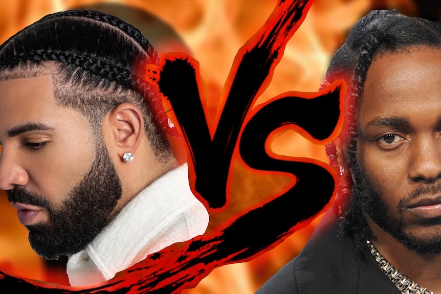 A fiery graphic reads "VS" with an image of Drake on the left and Kendrick Lamar the right