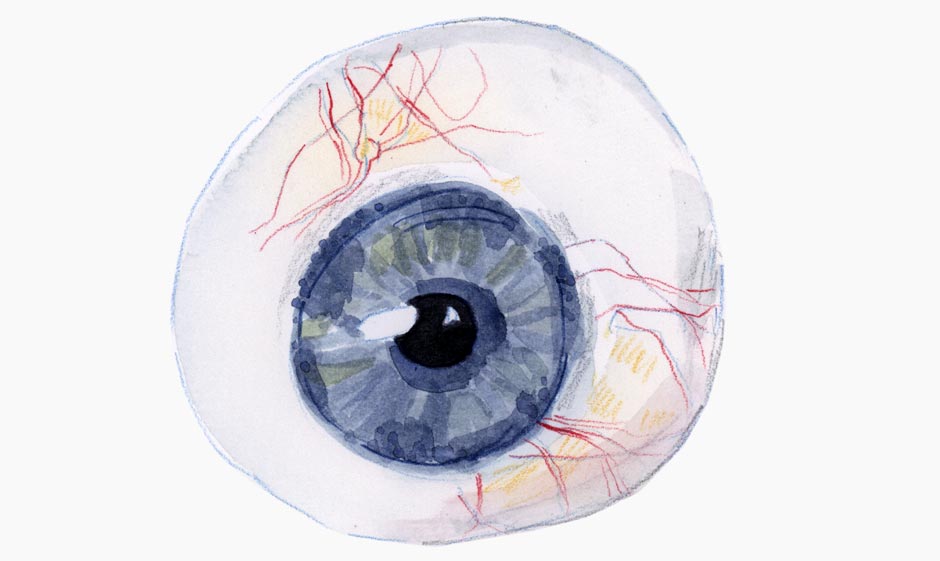 Close up image of a blue artificial eye with veins and discolouration.