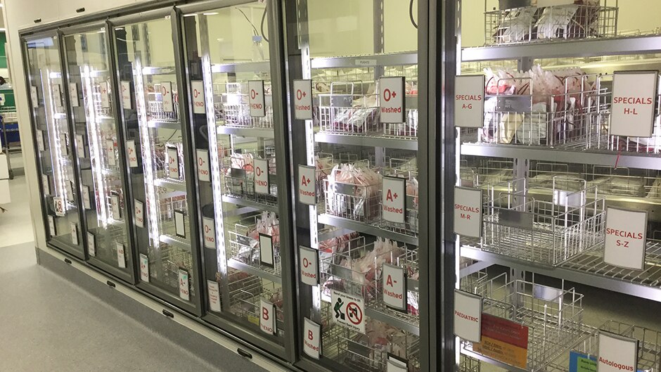Fridges with blood donations at an Australian Red Cross blood processing facility