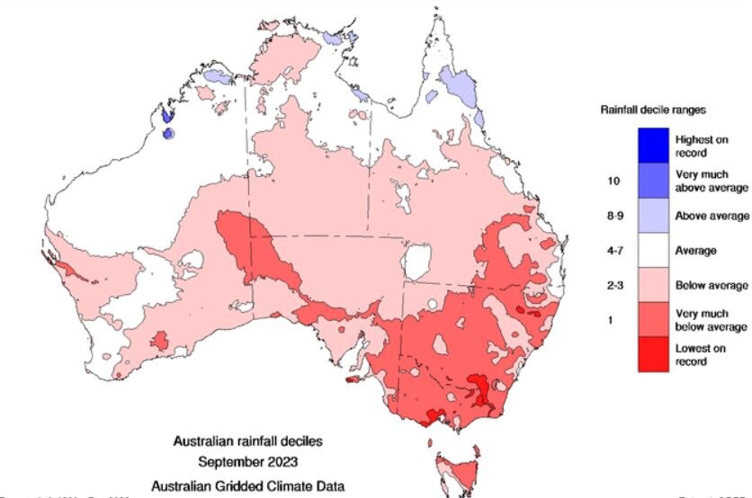 A map of rainfall in Australia during September showing heavy rain over southern australia.
