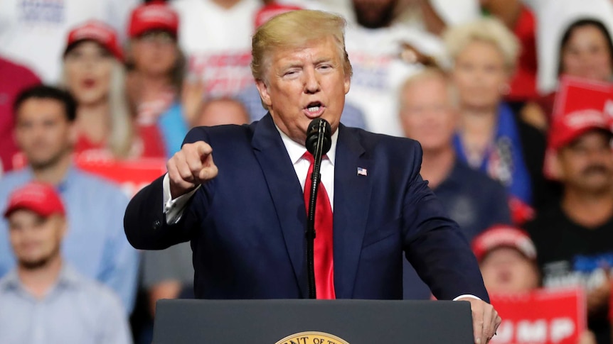 United States President Donald Trump speaks to supporters as he formally announces his 2020 re-election bid.