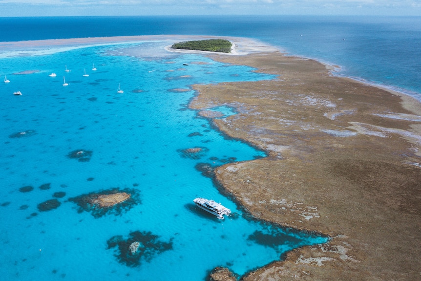 A birds eye view of an island with several boats around in the water, coral reef