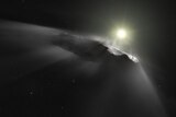 A cigar-shaped object appears in front of a bright star on a dark background somewhere in space
