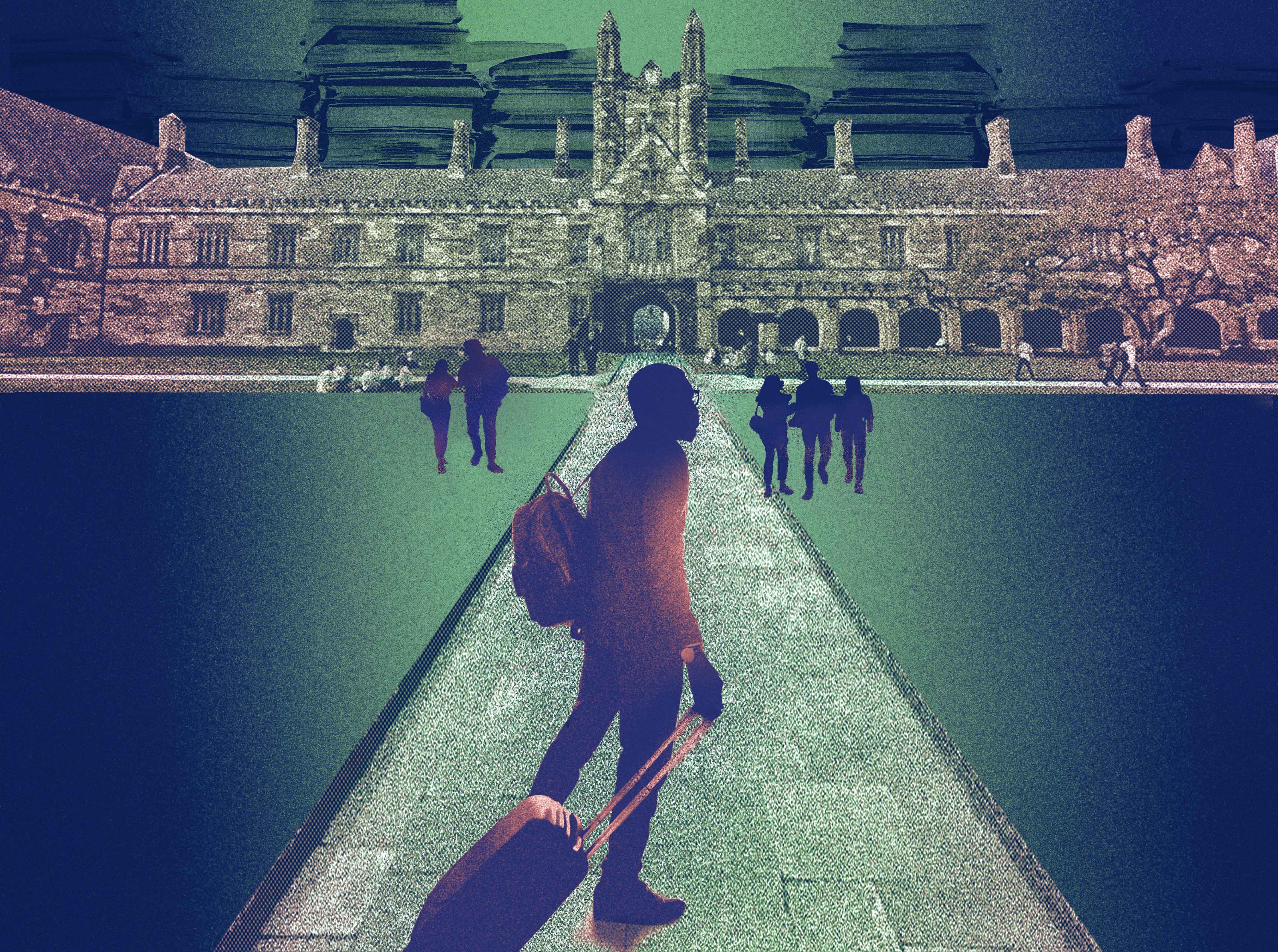An illustration of a man pulling a suitcase through a university campus.
