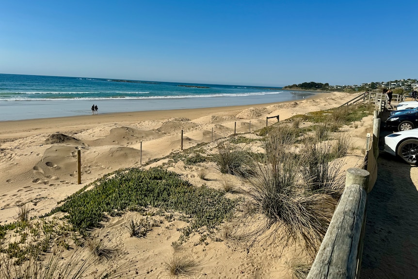 photo of a beach and safety sign