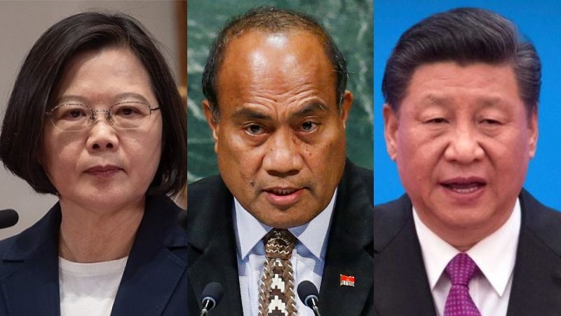 Taiwan's President Tsai Ing-wen, Kiribati's President Taneti Maamau and China's President Xi Jinping speaking at podiums.